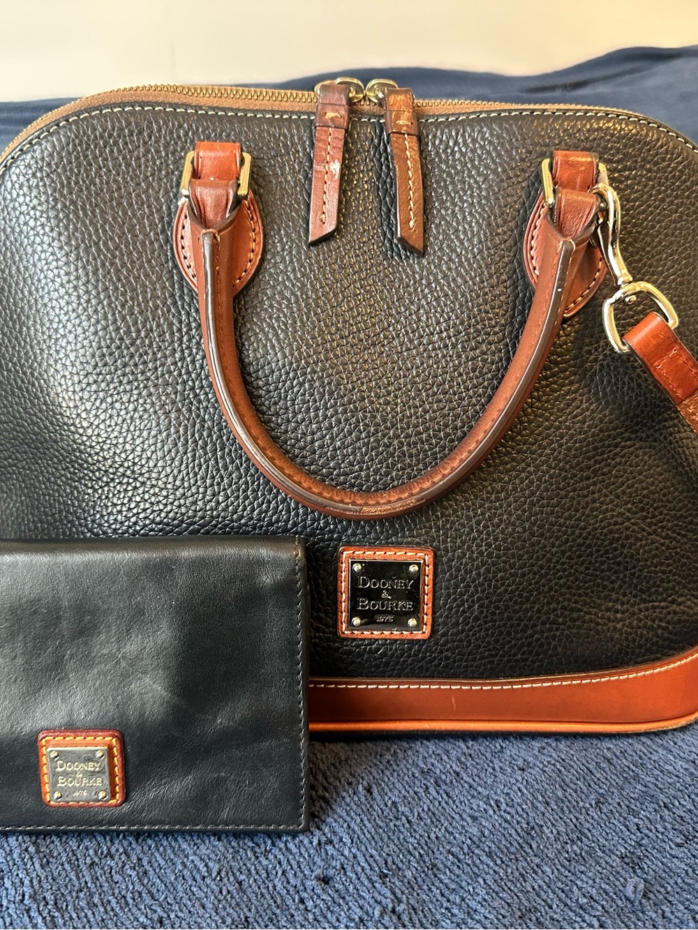 Dooney & Bourke Black Pebbled Leather Satchel with Brown Trim with wallet